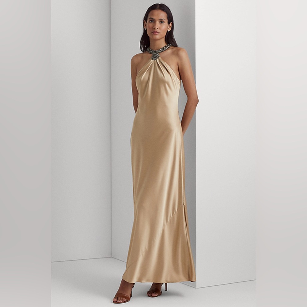 Lauren Ralph Lauren Women's Beaded Satin Charmeuse Halter Gown size 12